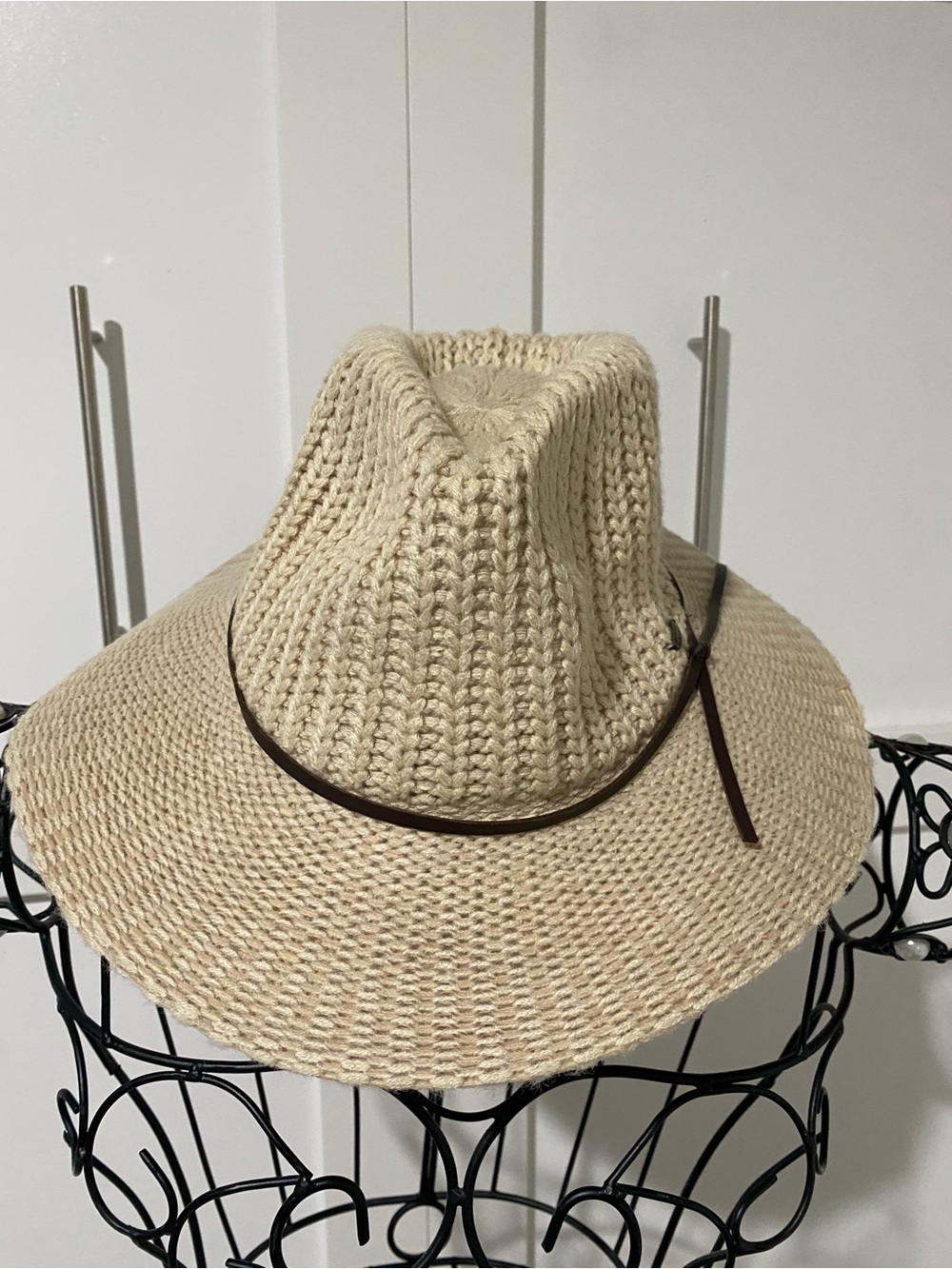 Neutral Crochet Straw Fedora with Brown Trim
